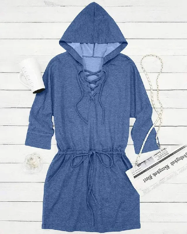 LACE UP DRAWSTRING HOODED SWEATSHIRT DRESS Hoodie with Rhinestones Sparkly Elegant