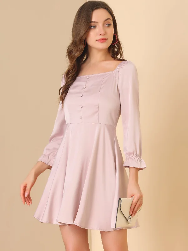 Satin Mini Square Neck Long Sleeve Fit and Flare Dress Bodycon Club Sequined