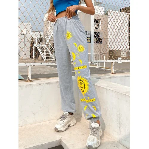 Women Star Pattern Sports Long Pants Comfy High-Waist Jeans