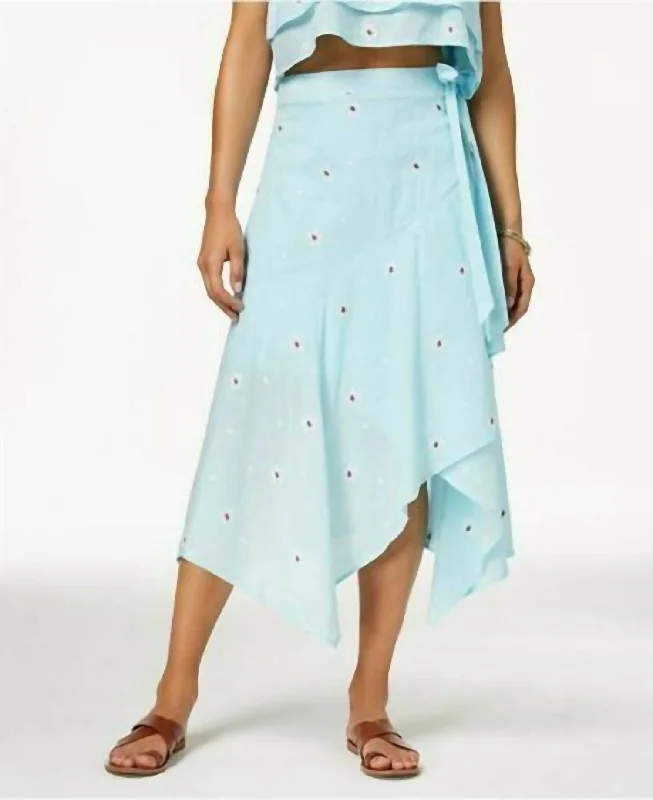 Juniors Asymmetrical Faux Wrap Midi Skirt In Blue silk skirt luxurious