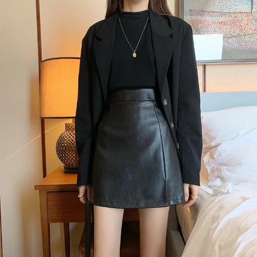 Women's black Leather Skirt spandex blend skirt