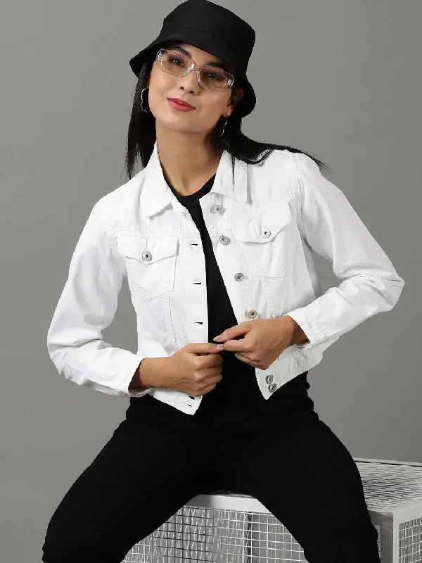 Women's White Solid Denim Jacket-IM-10322-White Knit Fabric Woven Fabric Fleece Fabric