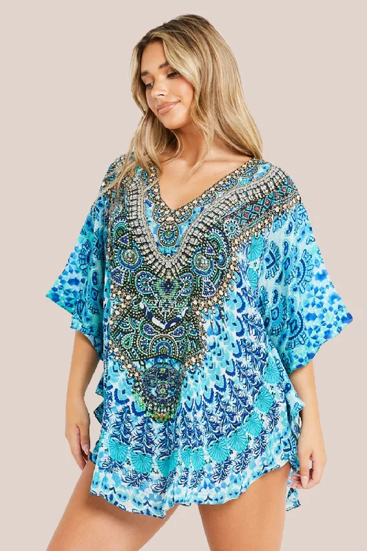 Aftershock London Aqua Blue Short Beach Dress Kaftan Off-the-shoulder Chic Trendy