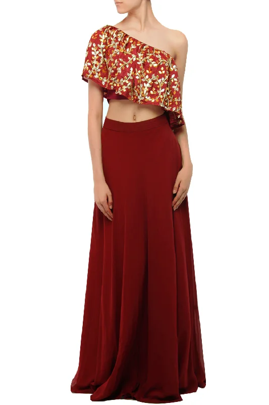 Esha Kaul Maroon Top & Skirt Set belted skirt waist