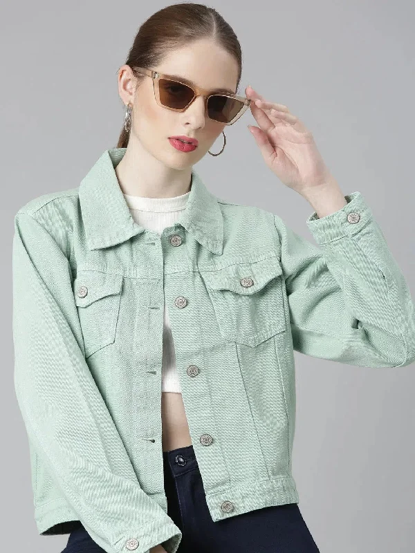 Women Sea Green Solid Denim Jacket-GZ-5598-1-Seagreen Mesh Jacket Canvas Jacket Denim Jacket