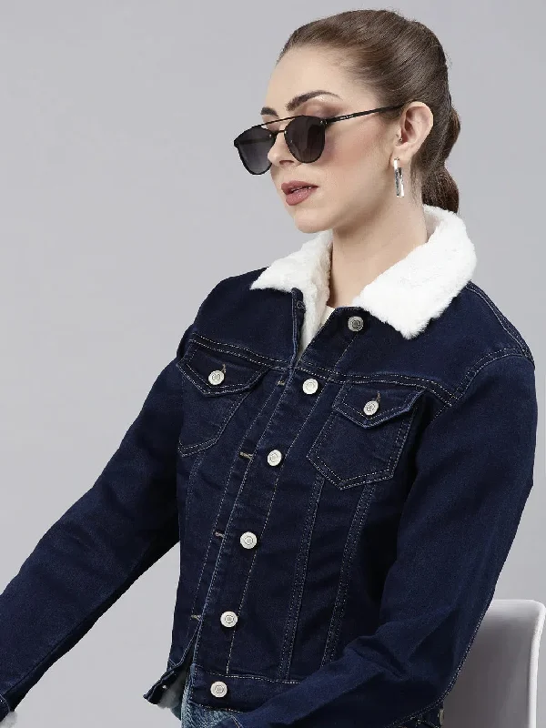 Women Navy Blue Solid Denim Jacket-LT-15903-Navyblue Print Jacket Jacquard Jacket Patchwork Jacket
