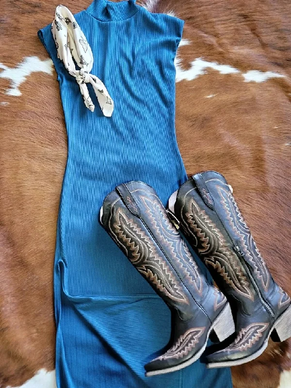 Charleston Teal Ribbed Turtle Neck Dress Turtleneck Neckline Stylish