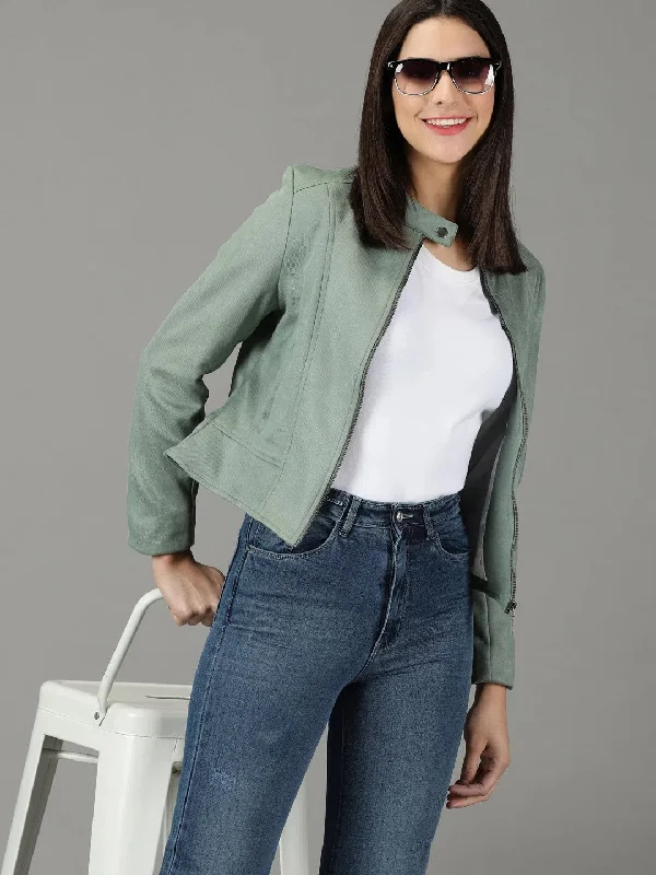 Women's Sea Green Solid Open Front Jacket-IM-067-Seagreen Denim Fabric Leather Fabric Suede Fabric