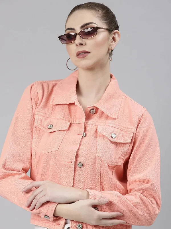 Women Peach Solid Denim Jacket-GZ-5598-Peach Cotton Jacket Linen Jacket Terry Jacket