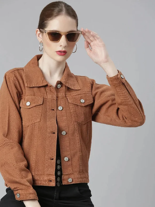 Women Camel Brown Solid Denim Jacket-GZ-5598-Camelbrown V-Neck Jacket Boat Neck Jacket Square Neck Jacket