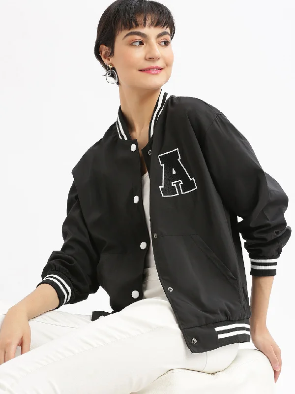 Women Oversized Black Varsity Jacket-1126-Black Front Pockets Side Pockets Patch Pockets