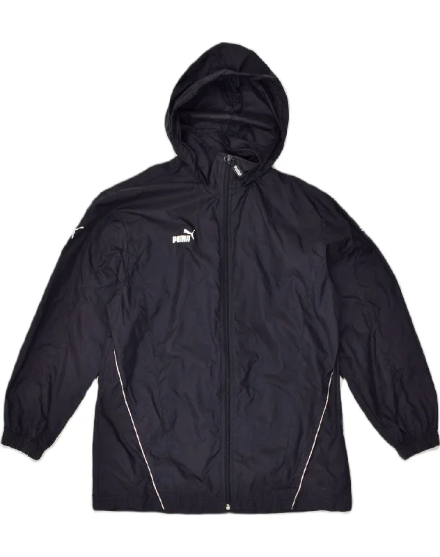 PUMA Womens Hooded Rain Jacket Size 32/34 Small Navy Blue Nylon Zippered Front Buttoned Front Snap Front