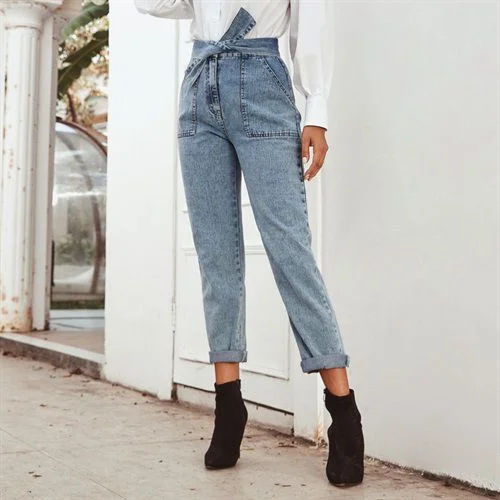 Snowflake High Waist Inelastic Denim Pant Women Jeans Casual Track Pants