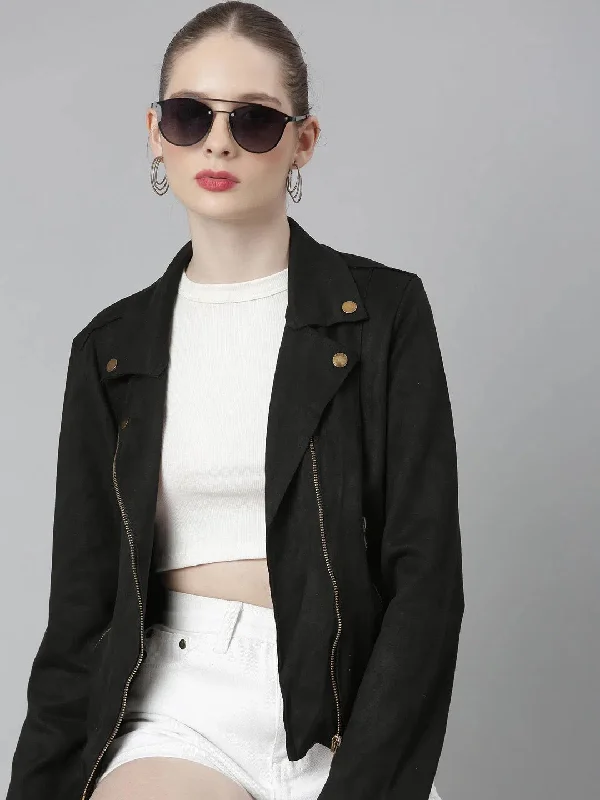 Women Black Solid Tailored Jacket-CHN-832-Black Welt Pockets Slit Pockets Flap Pockets