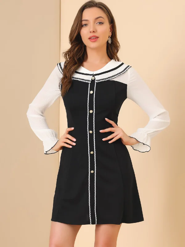 Long Sleeve Doll Collar Chiffon Panel Stretch A-line Dress Tunics Stylish modern