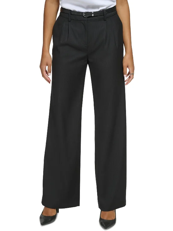 Womens Pleated Pinstripe Wide Leg Pants Trendy High-Waist Trousers