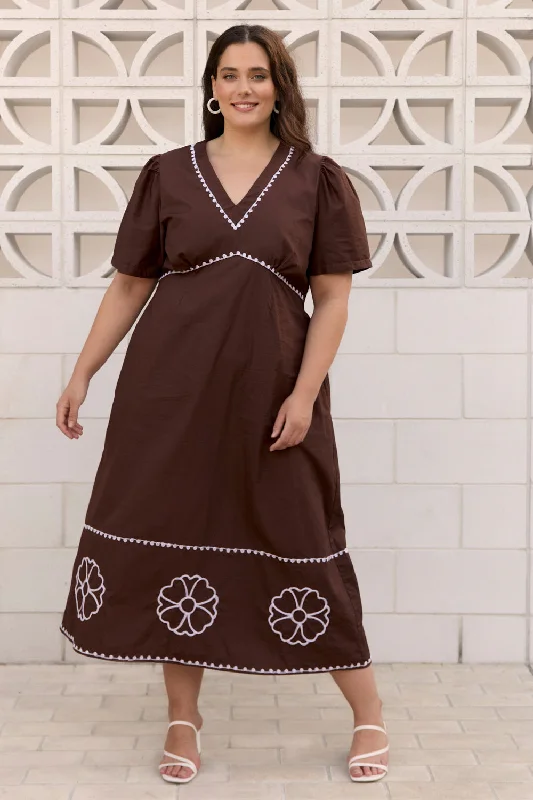 Farrah Poplin Dress in Chocolate sweetheart Neckline Romantic