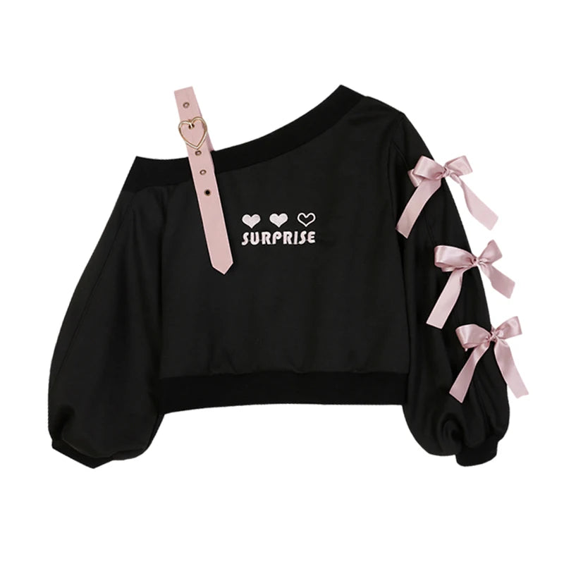 Advbridge Off Shoulder Lolita Cute Heart Black Women White Gothic Kawaii Hoodies Harajuku Cropped Sweatshirts Girls Streetwear Sweet Tops Hoodie with Zipper Versatile Modern