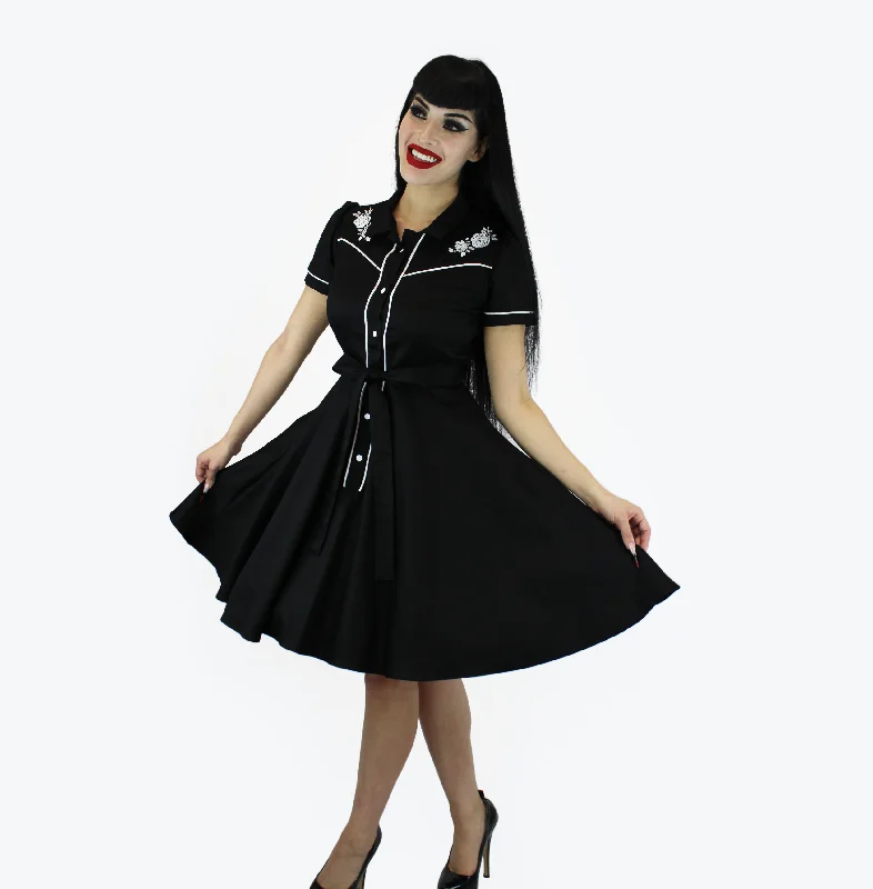 Black and White Rose Embroidery Vintage Rockabilly Western Country Dress Tunics stripes playful