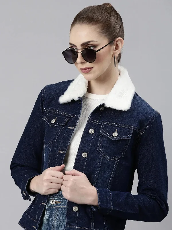 Women Navy Blue Solid Denim Jacket-LT-10538-Navyblue Knit Jacket Woven Jacket Fleece Jacket