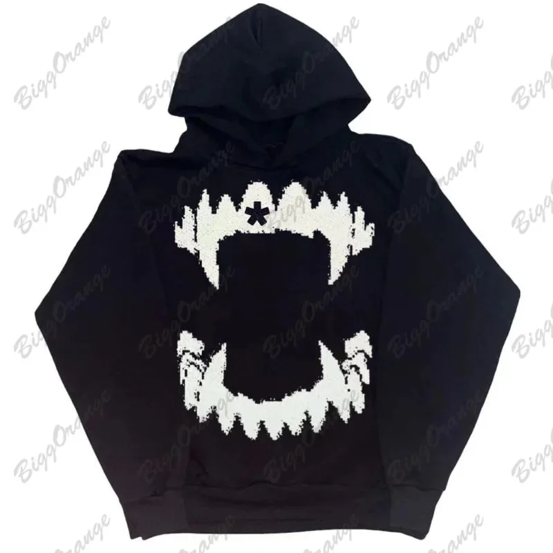 Advbridge NEW Vintage Vampire Tooth Print Solid Oversized Hoodie Sweatshirt Women Y2K Street Hip Hop Harajuku Versatile Long Sleeve Couple Hoodie with Ribbed Cuffs Snug Fit Comfort
