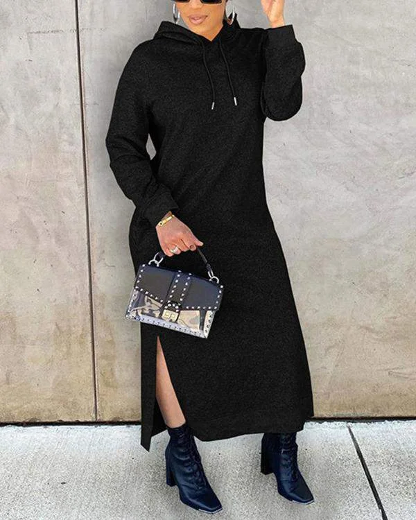LONG SLEEVE SPLIT HEM HOODED SWEATSHIRT DRESS Hoodie with Illustration Artistic Creative
