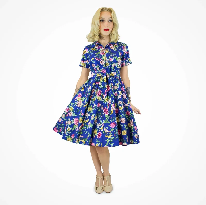 Spring Short Sleeve Blue Floral Circle Dress Tunics Corduroy durable
