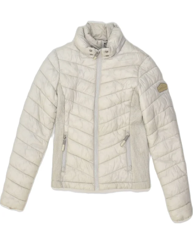 SUPERDRY Womens Padded Jacket UK 6 XS Grey Polyester Ribbed Jacket Pleated Jacket Ruffled Jacket