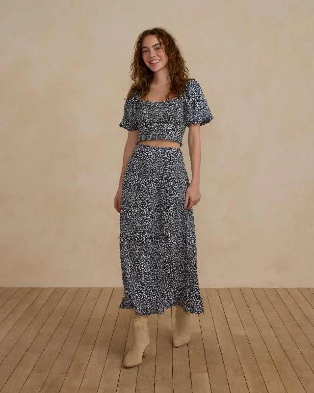 Rylee + Cru Women's Button Slit Skirt in Blue Floral velvet skirt sumptuous