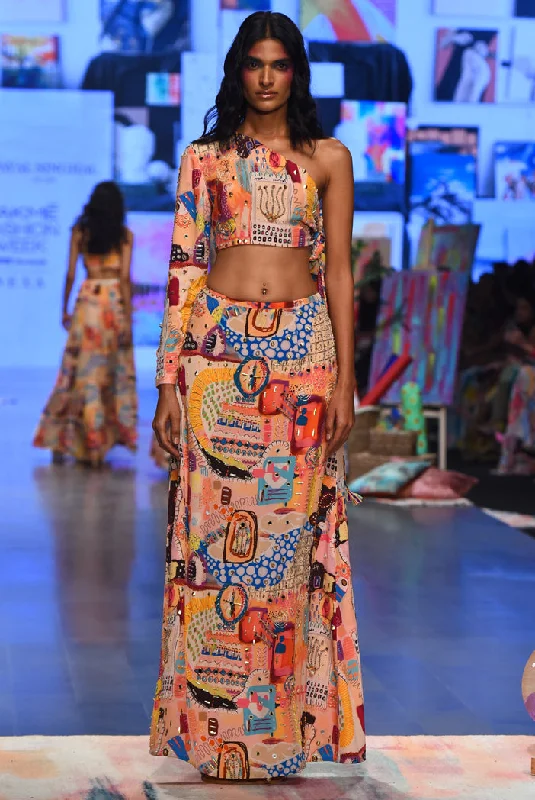 Trance Print Crepe Embroidered Side Tie Up Choli With A Skirt wool skirt warm