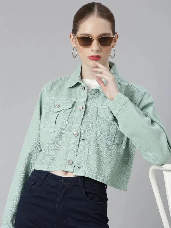 Women Sea Green Solid Denim Jacket-GZ-5600-Seagreen Notch Collar Jacket Peter Pan Collar Jacket Cowl Neck Jacket