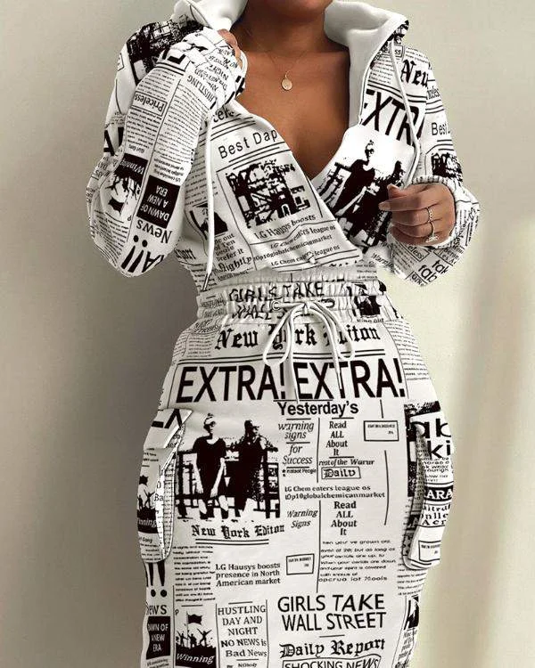 FLAP DETAIL DRAWSTRING WAIST HOODED SWEATSHIRT DRESS Hoodie with Typography Text Message
