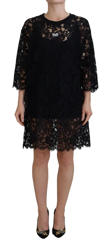 Dolce & Gabbana Elegant Black Floral Lace Shift Dress Crew Neckline Casual