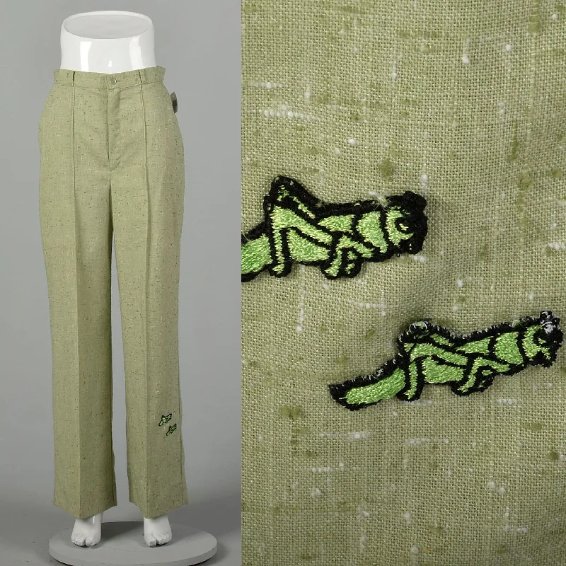 Medium 1970s Pants Green Grasshopper Applique Wide Leg High Waist Comfortable Cargo Pants