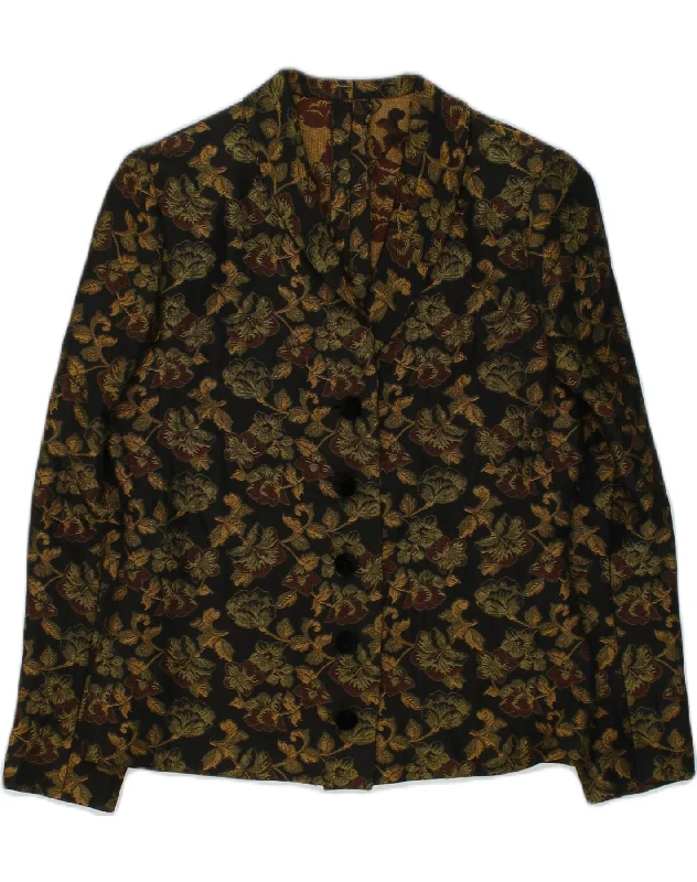VINTAGE Womens 5 Button Blazer Jacket UK 12 Medium Black Floral Fleece Fabric Down Fabric Feather Fabric