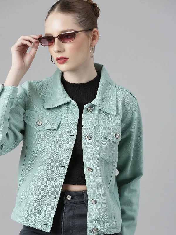 Women Spread Collar Solid Sea Green Denim Jacket-GZ-5598-Seagreen Satin Fabric Silk Fabric Chiffon Fabric