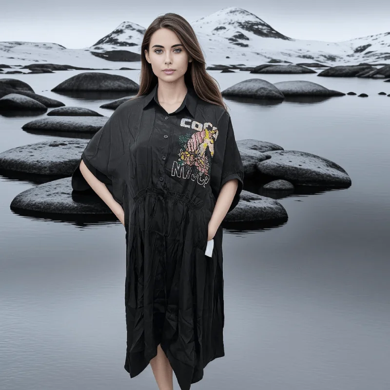 Black Cotton Unicorn Tunic Dress with Swarovski Elements & Waist Detail Tunics Luxurious high-end