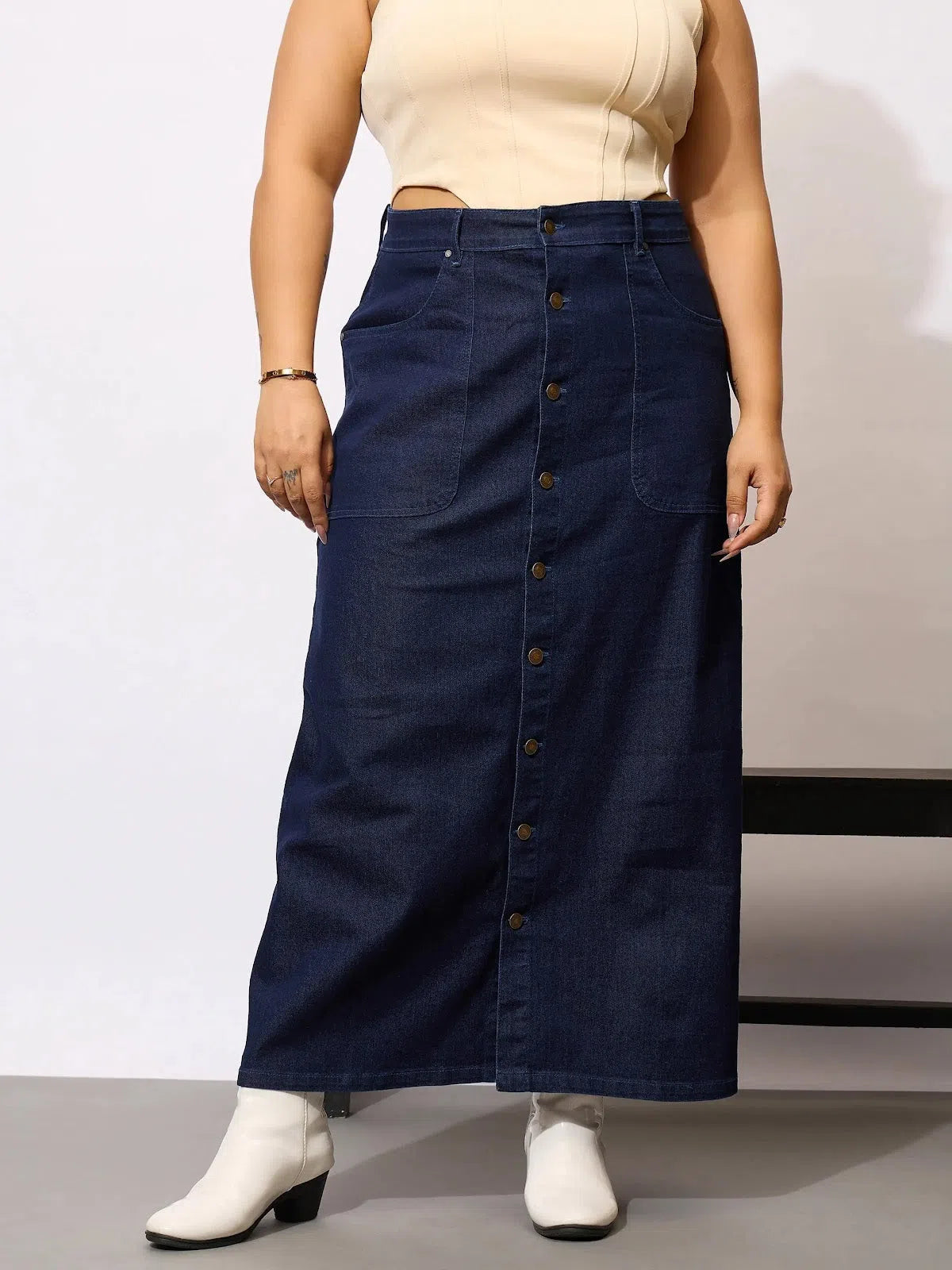 Women Navy Denim Acid Wash Front Button Skirt denim skirt casual