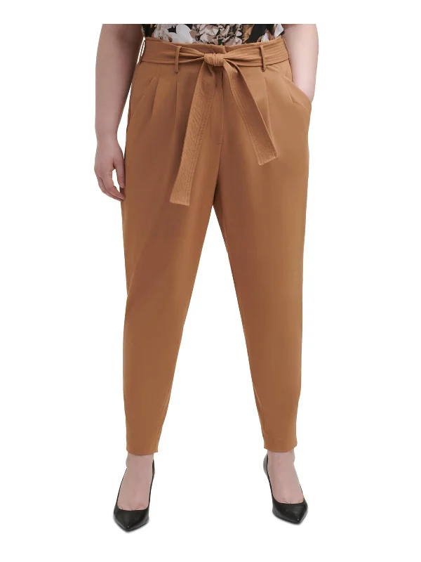 Plus Womens Belted Office Ankle Pants Soft Stretch Leggings