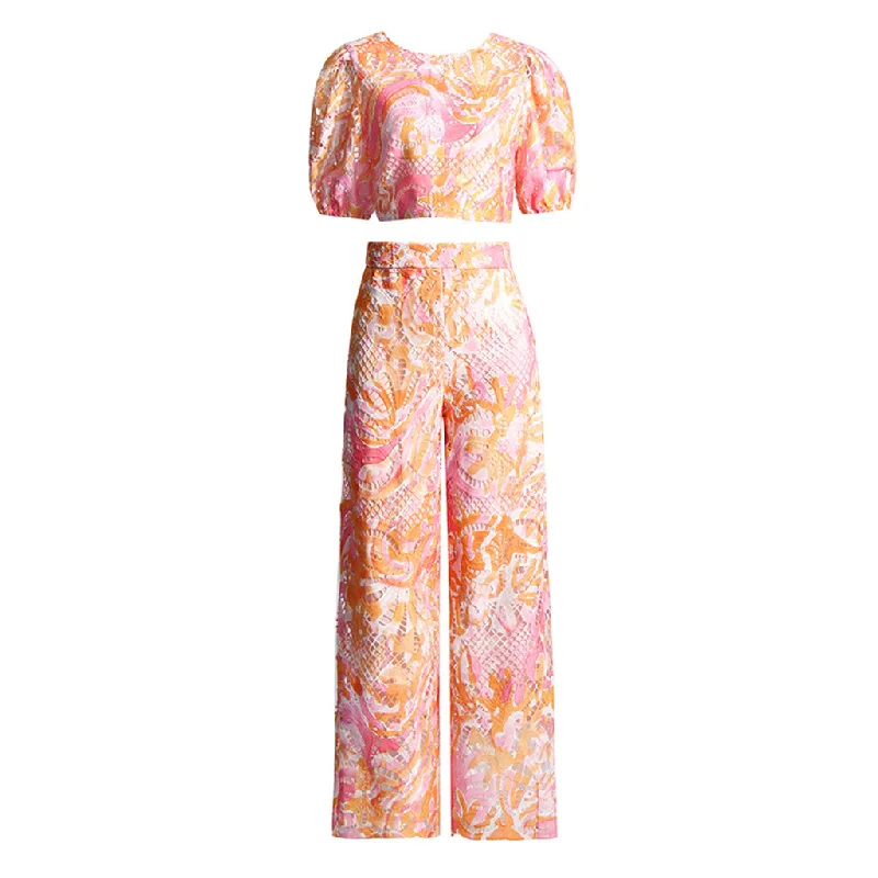 Boho Printed Embroidery Lace Up High Waist Wide Leg Pants Matching Set Modern Stretch Trousers Boho Printed Embroidery Lace Up High Waist Wide Leg Pants Matching Set Modern Stretch Trousers
