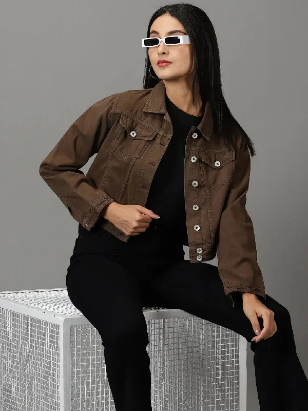 Women's Brown Solid Denim Jacket-IM-10322-Brown Satin Fabric Silk Fabric Chiffon Fabric