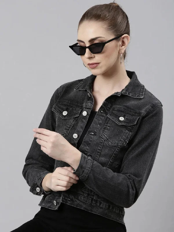 Women Grey Solid Denim Jacket-GZ-5528-Grey Fitted Jacket Loose Jacket Oversized Jacket