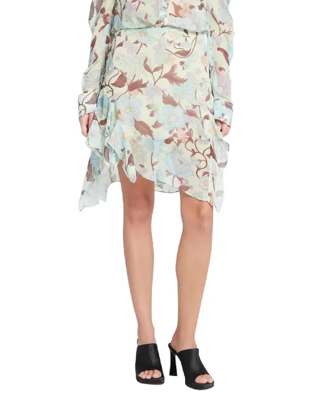 Garden Print Asymmetric Skirt In Multicolor Mint silk skirt sleek