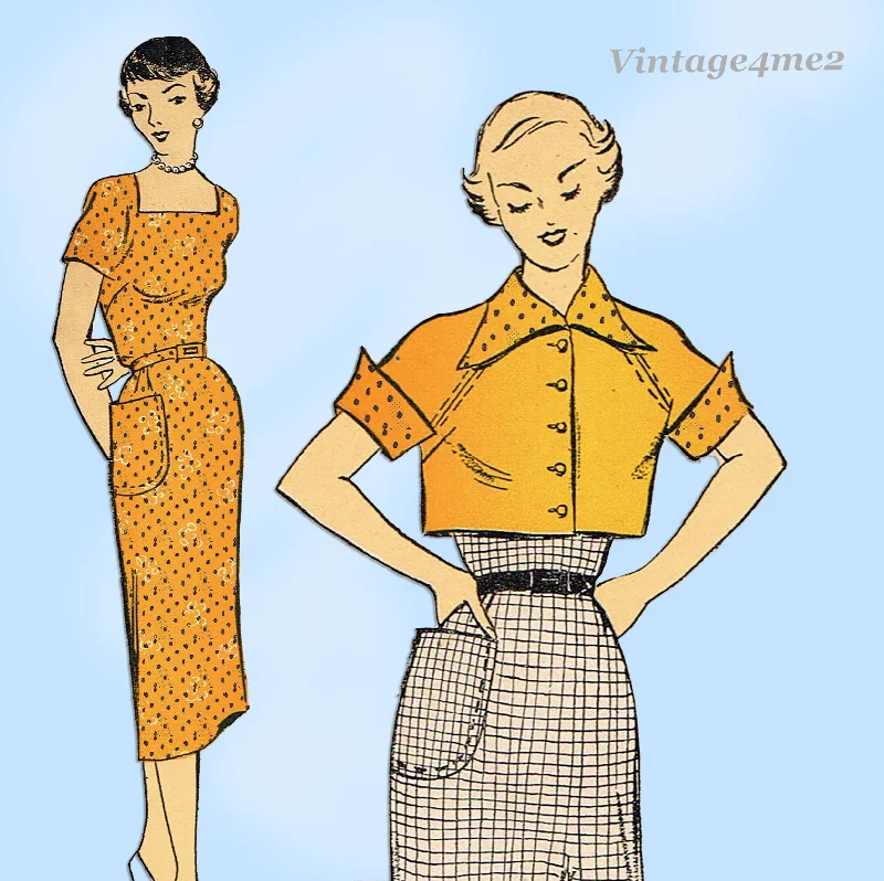 New York 917: 1950s Uncut Misses Dress & Topper Sz 35 B Vintage Sewing Pattern Tunics Leisure comfortable