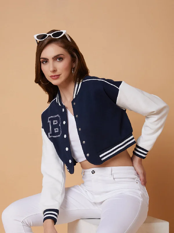 Women Navy Blue Crop Varsity Jacket-921-Navyblue Herringbone Jacket Checkered Jacket Solid Jacket