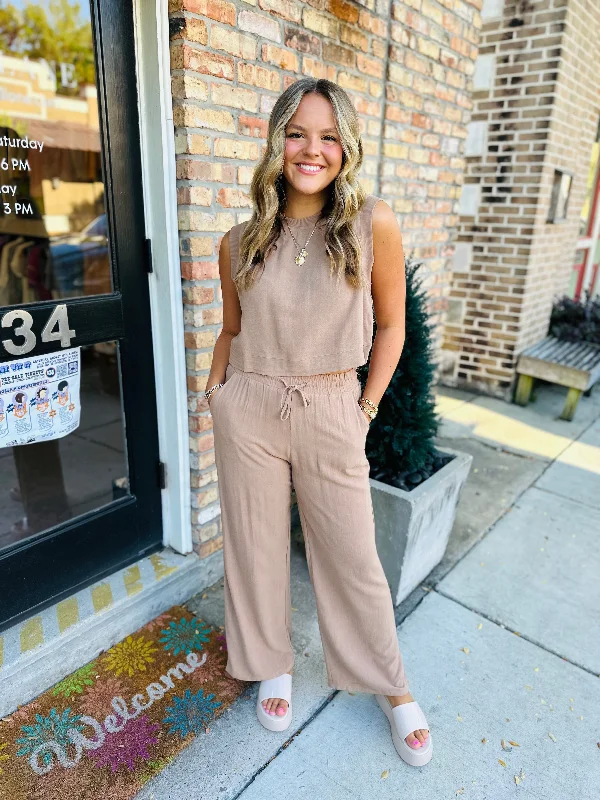 Lindsey Linen 2 Piece Top & Pants Set- Mocha Comfortable Cargo Pants