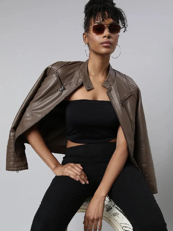 Women Solid Brown Biker Jacket-TA-06-Brown Chenille Fabric Brocade Fabric Lace Fabric