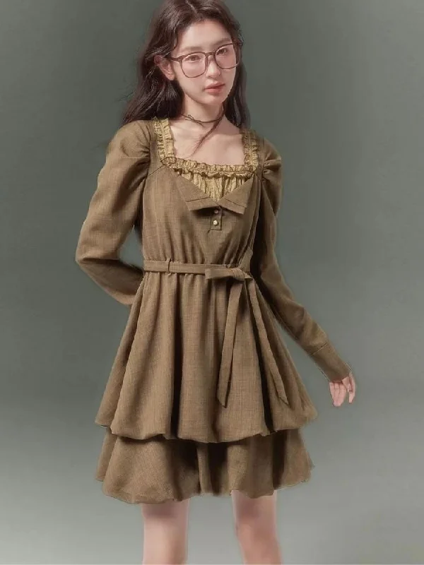 Puff Sleeves Fake Two-piece Flower Dress【s0000003521】 Tunics Short Trendy
