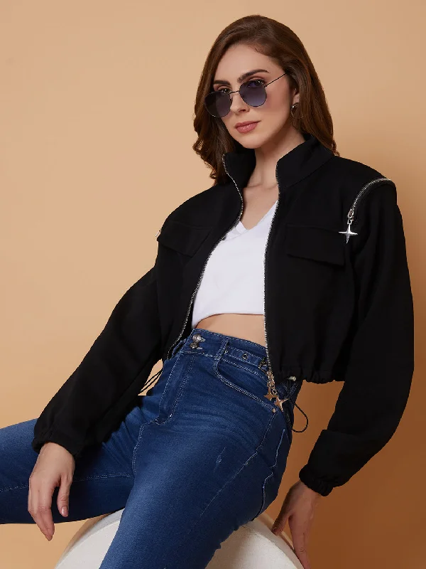 Women Black Oversized Crop Tailored Jacket-23277-Black V-Neck Jacket Boat Neck Jacket Square Neck Jacket