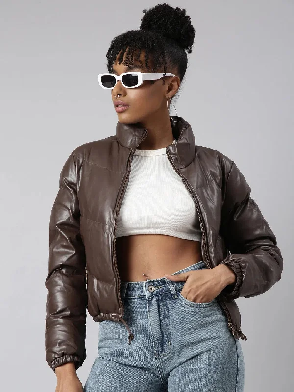 Women Solid Brown Puffer Jacket-8819-Brown Boat Neck Shawl Collar Notched Collar